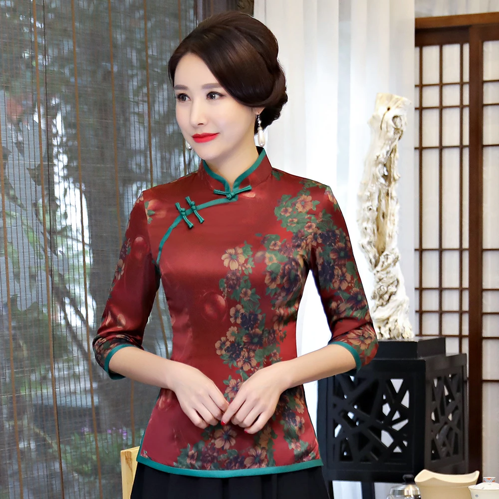 Chinese Traditional Women Print Flower Tong Top Oriental Female