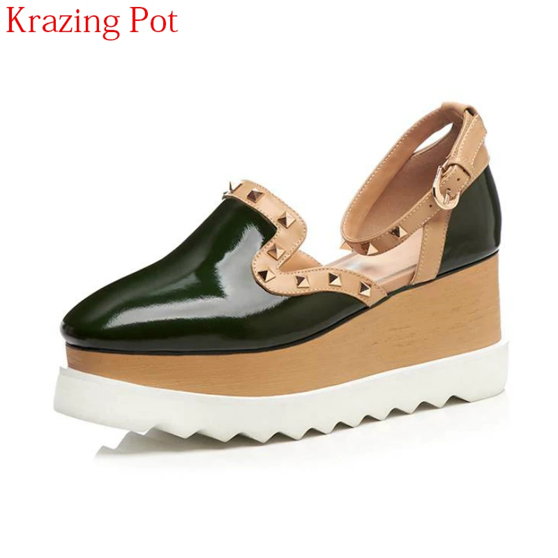 

2018 Fashion Genuine Leather High Heels Platform Sandals for Women Round Toe Rivets Ankle Strap Thick Bottom Summer Shoes L04