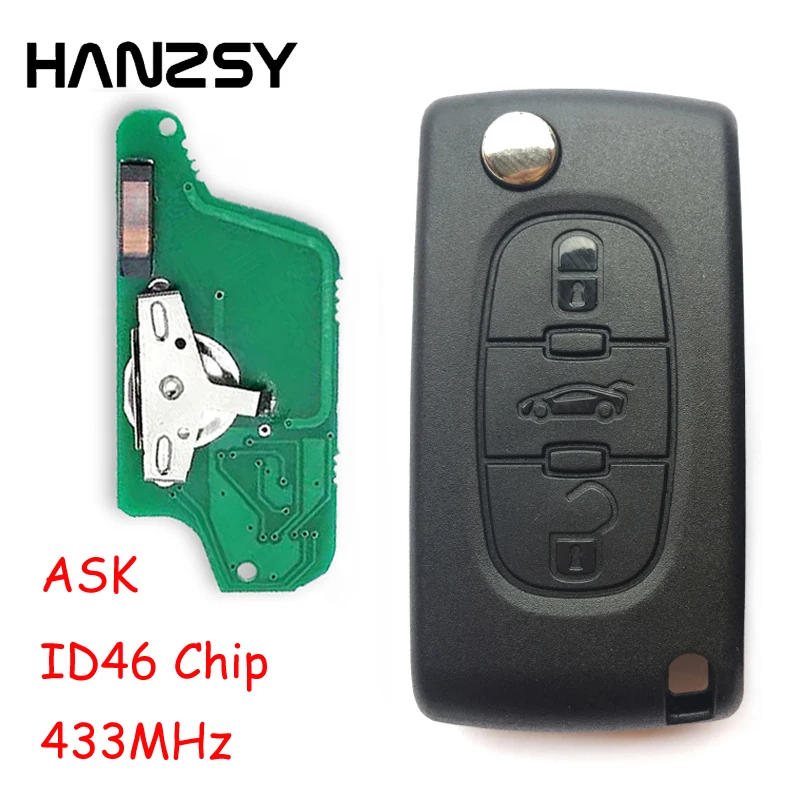 

3 Button For Peugeot 307 407 207 308 607 Flip Folding Remote key FSK/ASK modulation 433MHz with ID46 Chip transponder