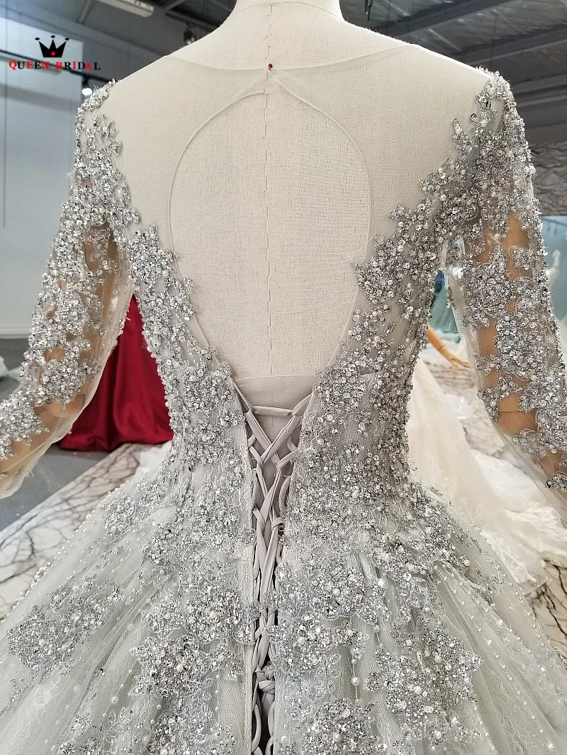 Luxury Gray Vintage Ball Gown Evening Dresses Long Sleeve Crystal Beaded Lace 100% Real Photo Robe De Soiree Party Dress DW05