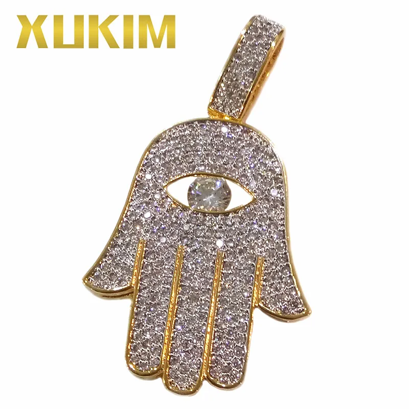 

Xukim Jewelry Iced Out Micro Pave AAA CZ Gold Plating Evil Eye Hamsa Hand Hip Hop Jewelry Pendant Necklace
