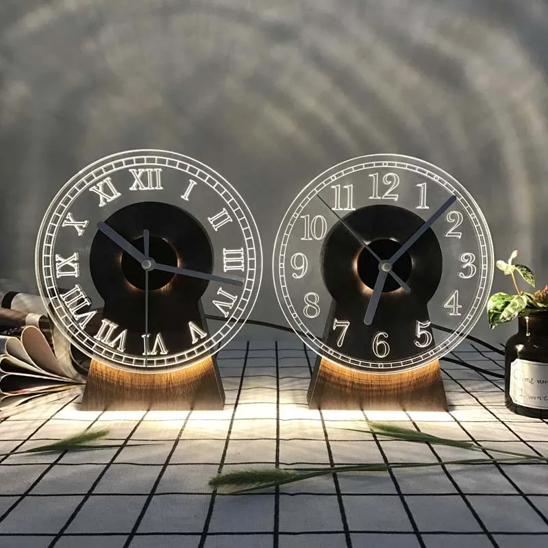 

3D Acrylic Elegant And Generous Creative Solid Wood Clock Table Lamp Home Decoration Wood Crafts USB Power LED Night Light Gift