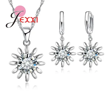 

Big Crystal Flower Shape Women Silver Jewelry Fashion Hotsale Necklace And Earrings Set Boys Best Gift For Birthday Girls