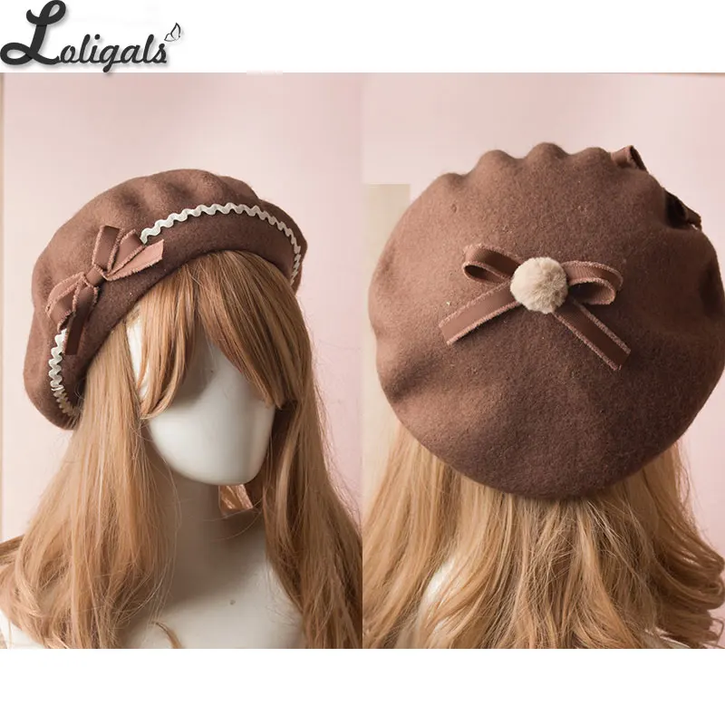 Сладкий женский Лолита Сейлор берет Готический шерстяной берет шляпа с милыми бантами для зимы - Цвет: Chocolate