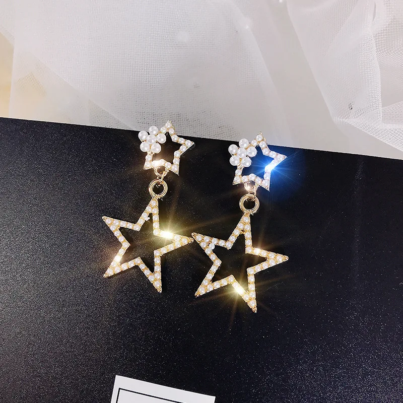 

2019 New Korean Fashionable Pearl Earrings Temperament Long Tassels Simple Star Earrings Elegant Bohemian For Women
