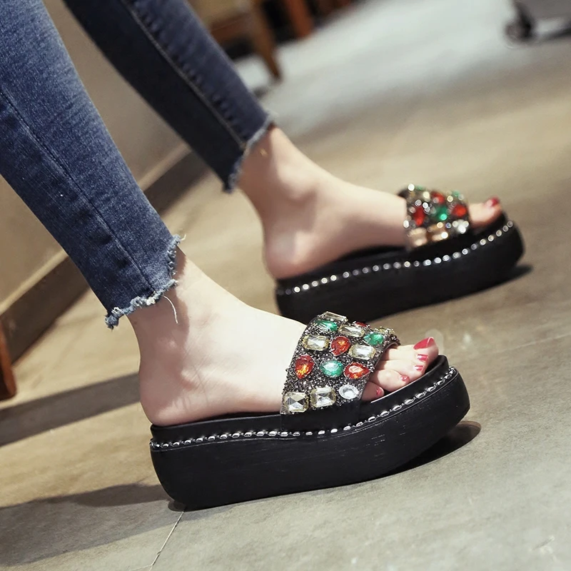 

Colorful Rhinestone Platform Sandals Women Summer Handmade Crystal Slip On Shoes Muffin Sandalias mujer 2018 Flip Flops beach