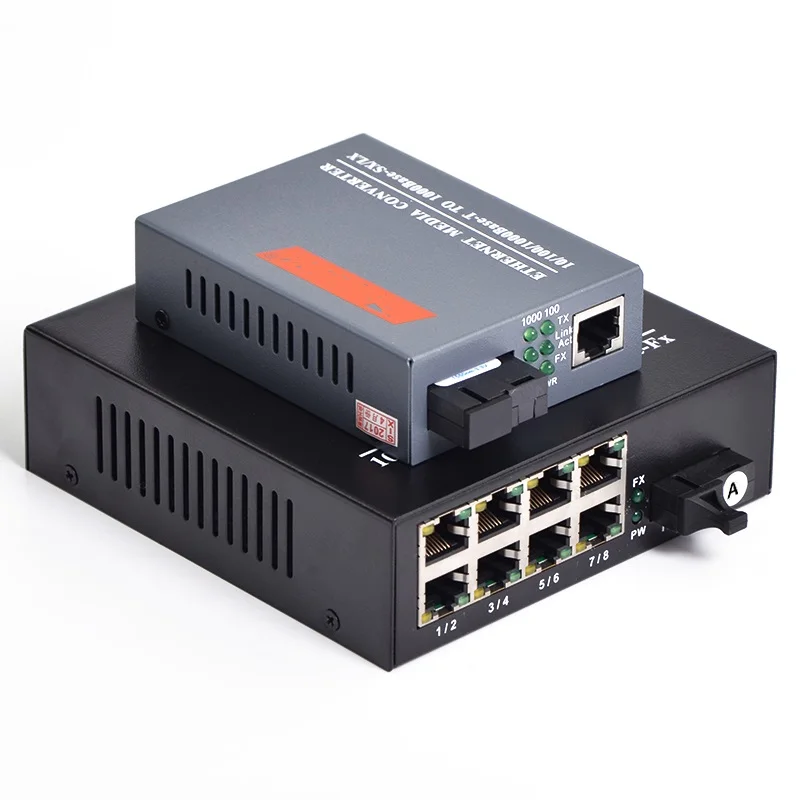 1 пара 1000 Мбит/с волоконно оптический медиа конвертер Gigabit Mono modo CH * SC 8 RJ45 трансивер