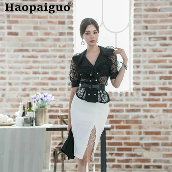 

Big Size 2019 Summer Work Office Two Piece Set V-neck Sashes Lace Blouse and Split Sheath Bodycon Skirt Women Party 2 Piece Set