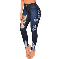 Большие джинсы розы Embriodery плюс Размеры 3XL Высокая талия джинсы Для женщин брюки карандаш Эластичный рваные джинсы Femme