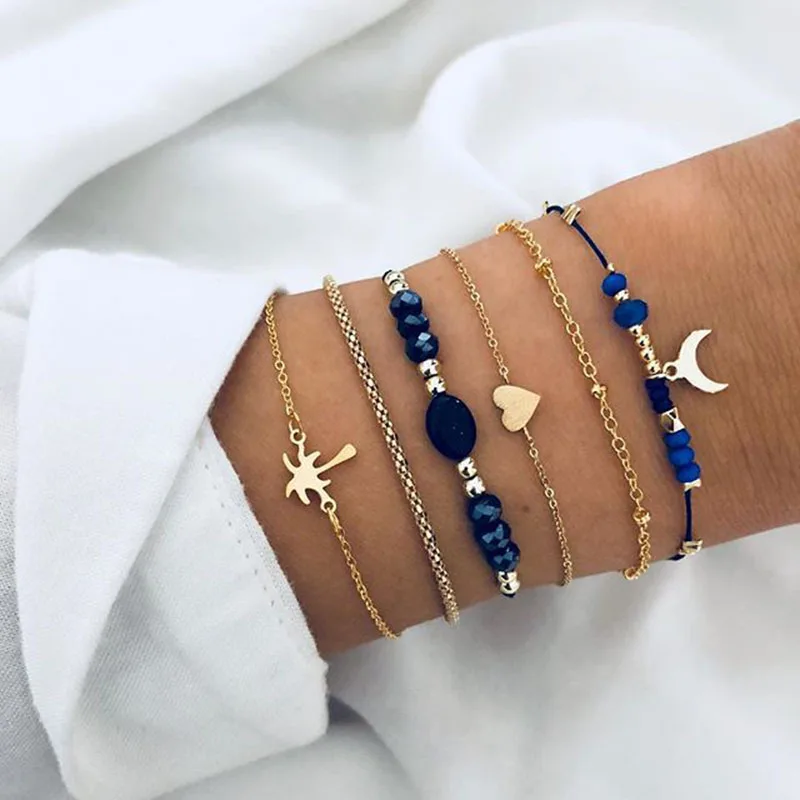 

6 Pcs/Set Palm Tree Love Heart Leaf Moon Charm Bracelet Bangle Set Gold Link Chain Hollow Flower Leaf Bracelet Bohemian Jewelry