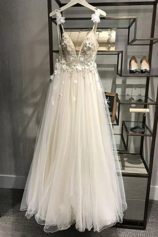 Платье на бретельках с v-образным вырезом, длинное Тюлевое свадебное платье с цветами, свадебное пляжное платье
