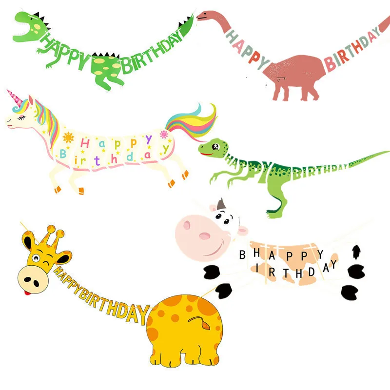 

1 Set Cute Happy Birthday Banner Animal Dinosaur Giraffe Cow Pig Banner Garlandfor Boy Girls Kids Birthday Party Decoration