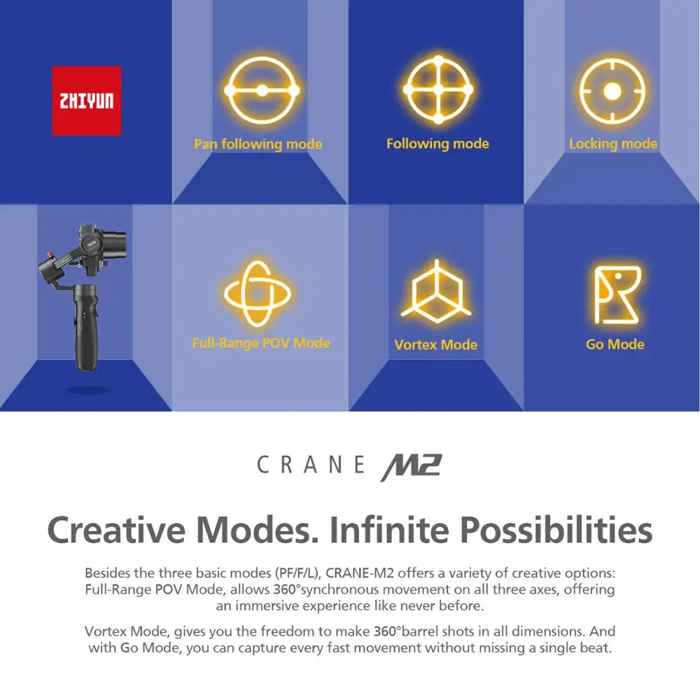 ZHIYUN Crane M2 3-осевой ручной шарнирный стабилизатор для камеры GoPro для смартфонов беззеркальных действий компактных камер