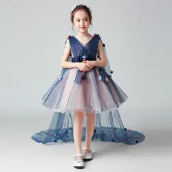Роскошные принцессы для девочек бальное платье День рождения тюлевые платья Съемный плечевой пряжи v-образным вырезом Детские платья S169