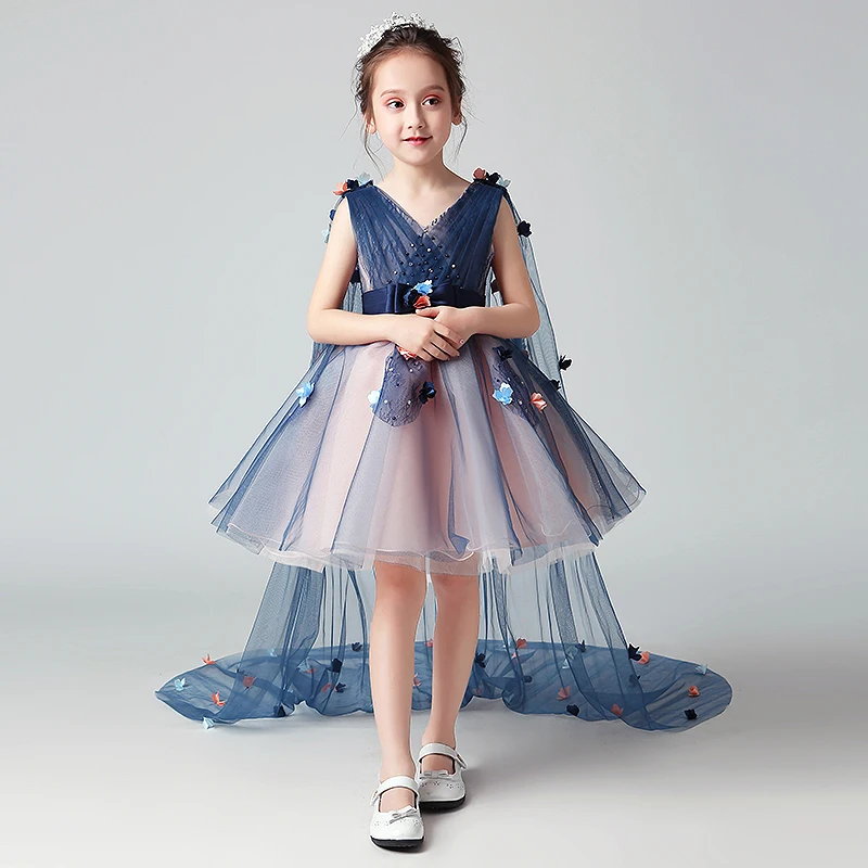 Luxury Princess Girl's Ball Gown Dress Birthday Party Floral Tulle Dresses Detachable Shoulder Yarn V-neck Kids Vestidos S169