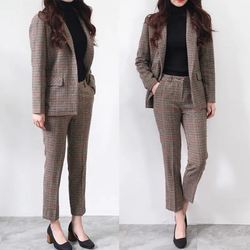 

Women Suit Autumn and Winter New Korean Professional Lattice Women's Thick Woolen Suit Nine Point Pants Women Clothes