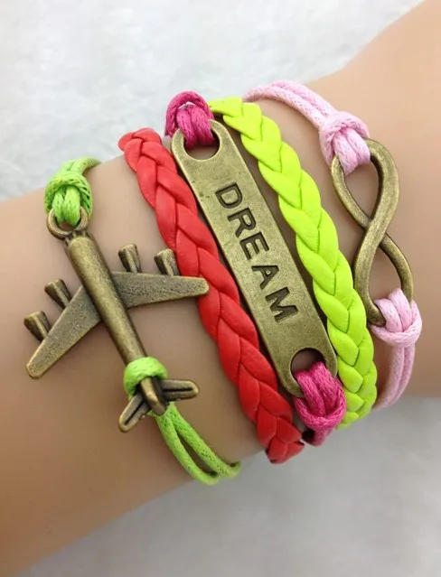

1pcs Aircraft and infinite dream bracelets, bracelet, bronze charm, leather rope, gift girlfriend and BFF 1840