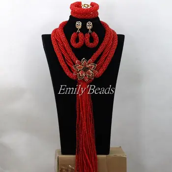 

Red African Wedding Bridal Jewelry Set Nigerian Indian Bride Gift Jewelry Set Fashion Necklace Set Long Free Shipping AIJ822