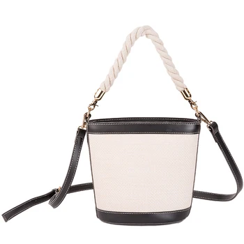 

Woven Ladies Handbag Bucket Straw Braided Messenger Bag Pu Leather Bag Fashion Patchwork Shoulder Bag