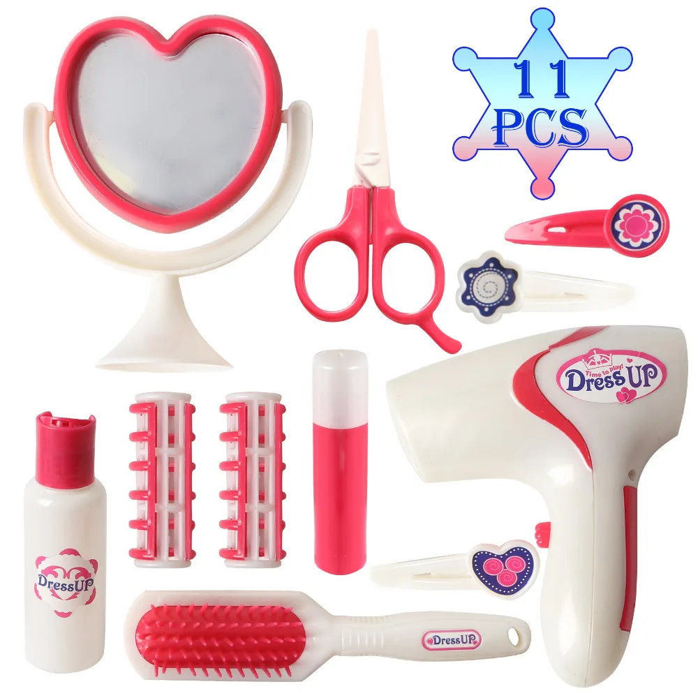 

11PCS Girls Beauty Barber Shop Toys for Kids Make Up Kit with Working Hair Dryer Hair Accessories Pretend Play Children's Toys