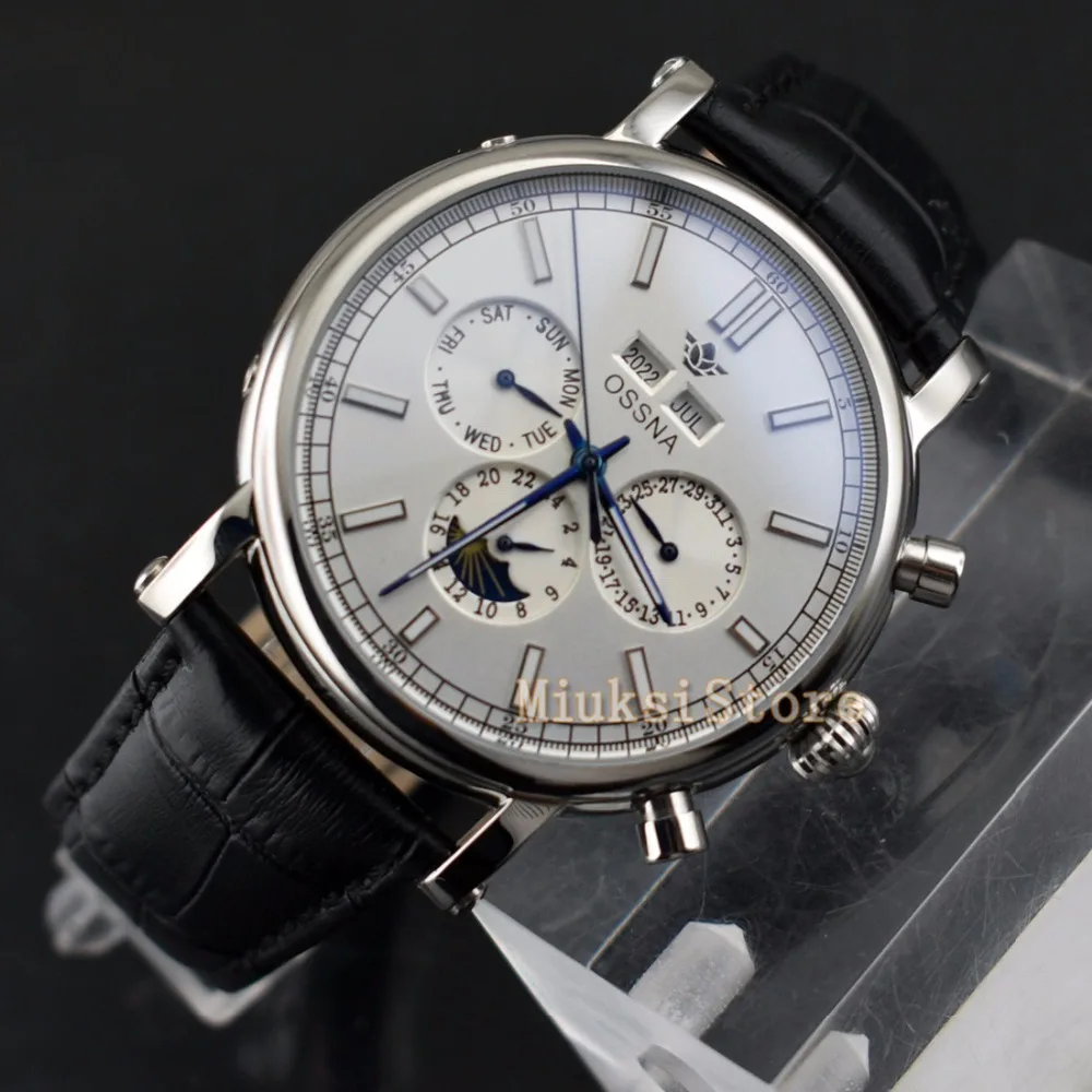 Luxury Fashion Brand OSSNA 42mm Silver White Automatic Date and Day Classic Leather Men's Machinery Watch Gift | Наручные часы