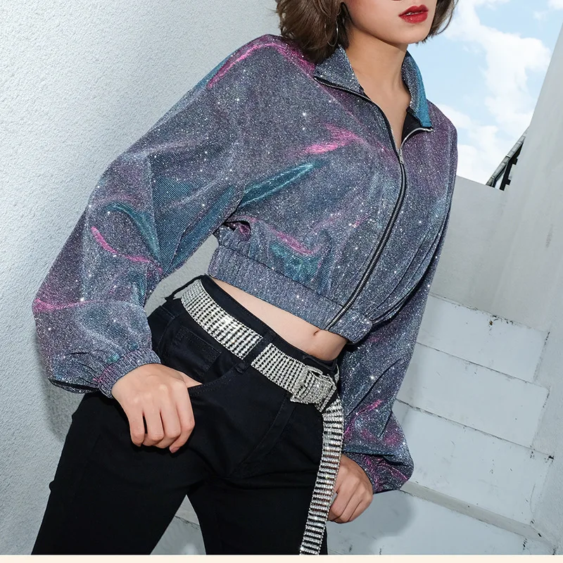 Simenual, блестящий металлический женский свитер на молнии, короткий топ с длинным рукавом, корейский стиль, большие размеры, водолазка, худи, уличная одежда, весна