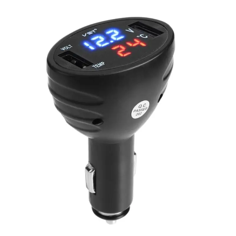 

ALLOET 3 in 1 Digital LED Voltmeter Thermometer Monitor 2.1A Dual USB Ports Car Charger Cigarette Lighter Temperature Meter Kit