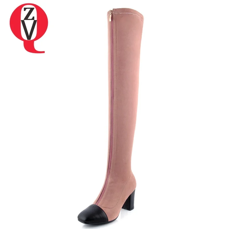 

ZVQ 2018 hot sale new women shoes high square heel front zipper square toe black and pink winter outside party over knee boots