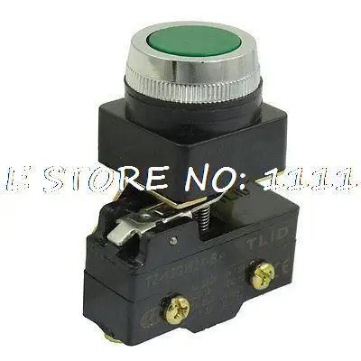 250VAC 15A SPST 1NO 1NC 25mm Thread Momentary Green Flat Button Micro ...