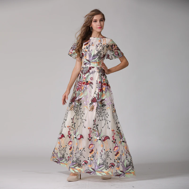 

Youe Shone 2018 High Quality European Women New Luxurious Embroidery Butterfly Short Sleeve O-neck Collar Gauze Dress