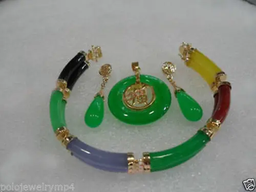 

FREE SHIPPING>>@> Miss charm Jew.286 Jewelry Multicolor Jade Link Bracelet Green Jade pendant Necklace Earring set Natural jewel