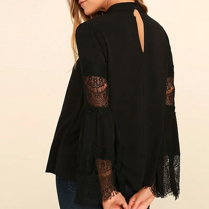 ZANZEA Plus Size Women Blouse Autumn Ladies Long Flare Sleeve Hollow Out V Neck Choker Keyhole Pullover Blouse Solid Sexy Shirt