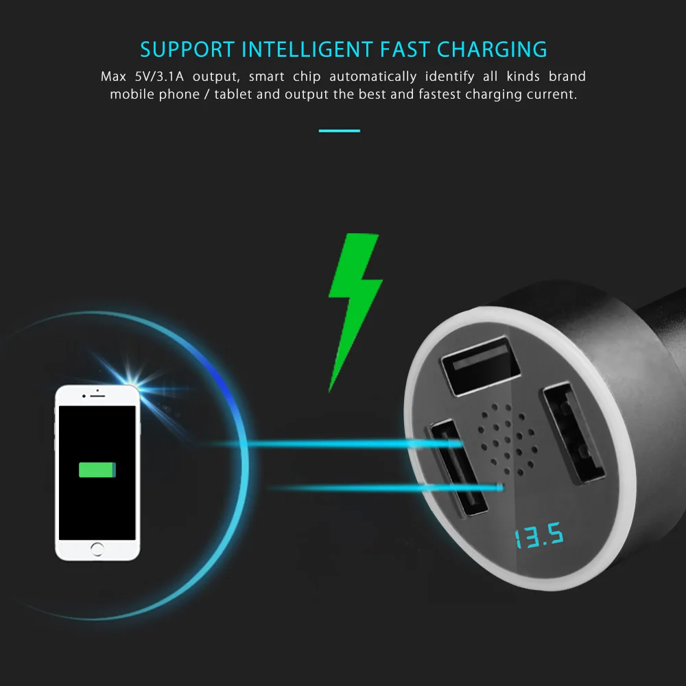 3 usb 3.1a شاحن سيارة 5 فولت الفولتميتر الحالي أدى العرض صوت تذكير شحن لباد قرص الهاتف الذكي مع الطوارئ المطرقة