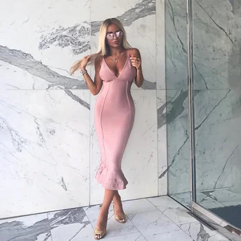 

Wholesale Sexy Women Dress Bandage Spaghetti Strap Solid Bodycon Mermaid Mid-Calf Fashion Club Dress 2017
