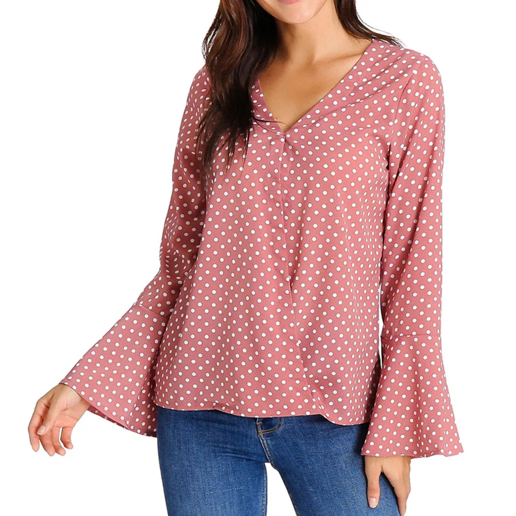 

Feitong Women Blouses V-Neck Printed Point Flare Sleeve Pink Blouse Spring Ladies Shirts Casual Tops Blusas Femininas Plus Size