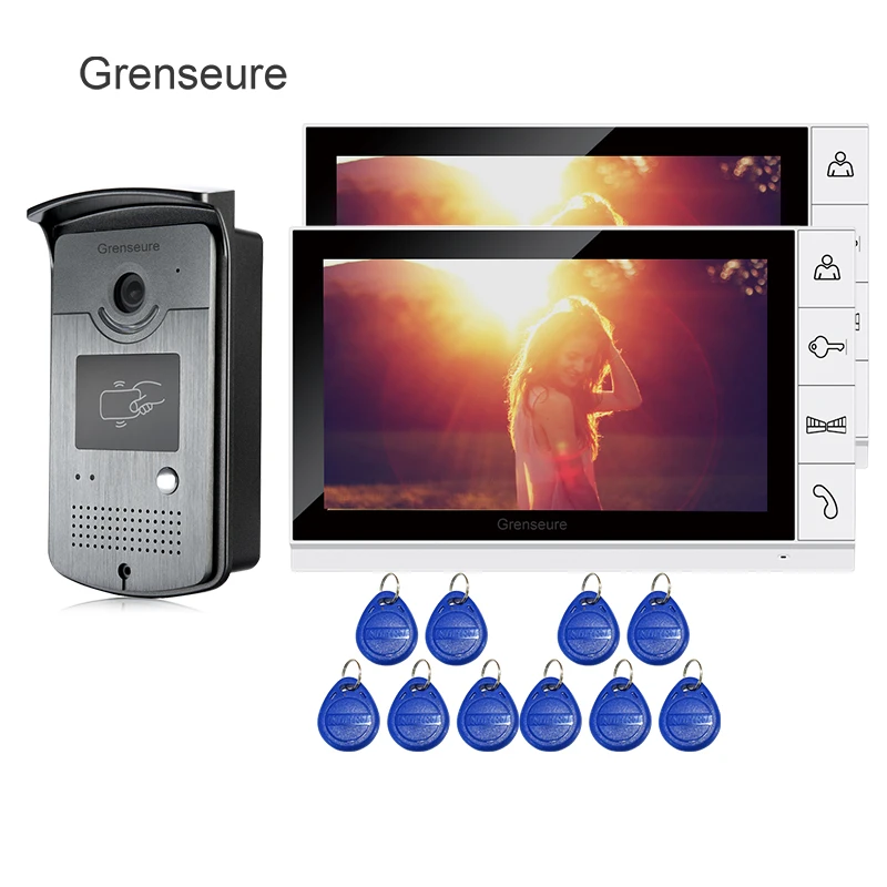 

FREE SHIPPING 9" Color Screen Video Door Phone Intercom System 2 White Monitors + Waterproof RFID Doorbell Camera Night Vision