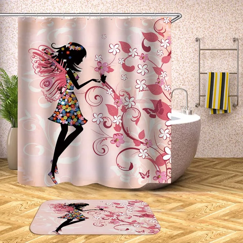 زهرة الجنية دش الستار الكرتون فتاة للماء حمام الستائر ل حوض استحمام للاستخدام في الحمام الاستحمام غطاء كبيرة واسعة 12 قطع السنانير