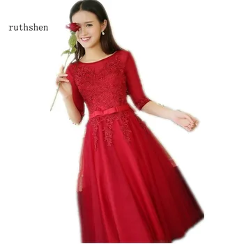 

ruthshen Burgundy Red Short Prom Dresses 2018 Cheap Half Sleeve Lace Appliques Knee Length Cocktail Party Dress