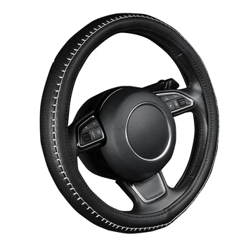 

AUTOYOUTH PU leather steering wheel cover black color with white durable sewing thread M size fits 38cm/15" diameter