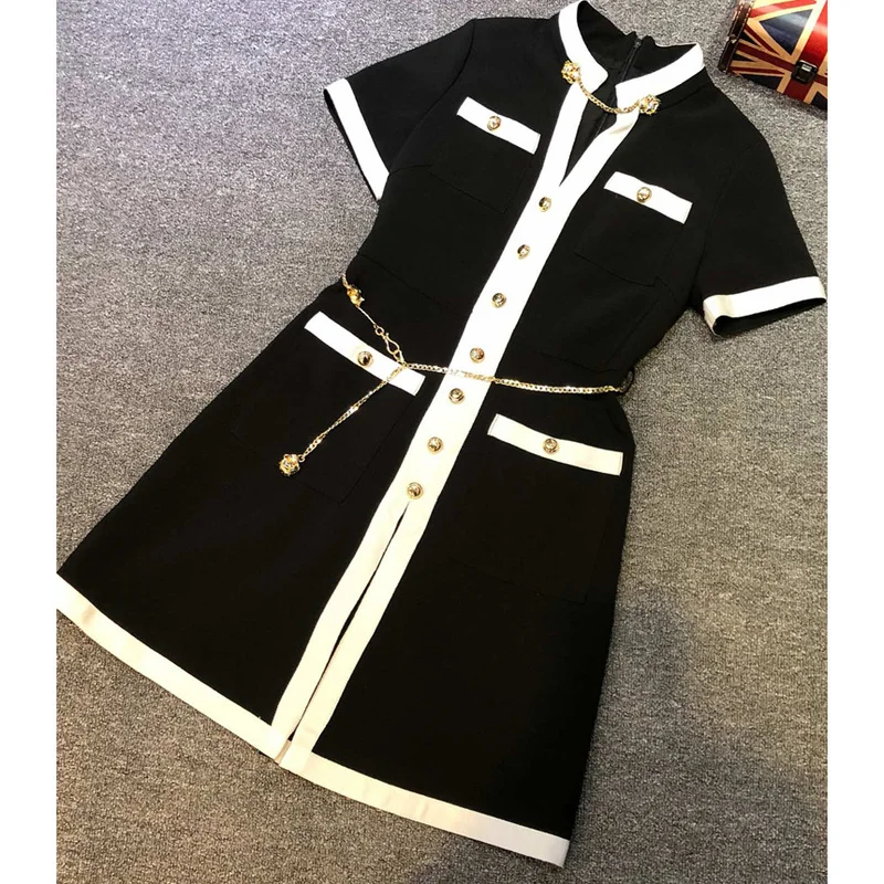 

Runway Designer V-neck Tiger-head Button Dress 2019 Spring Summer Shorts Sleeve Color Block Chain Belt Dress Black Pink Jc2913