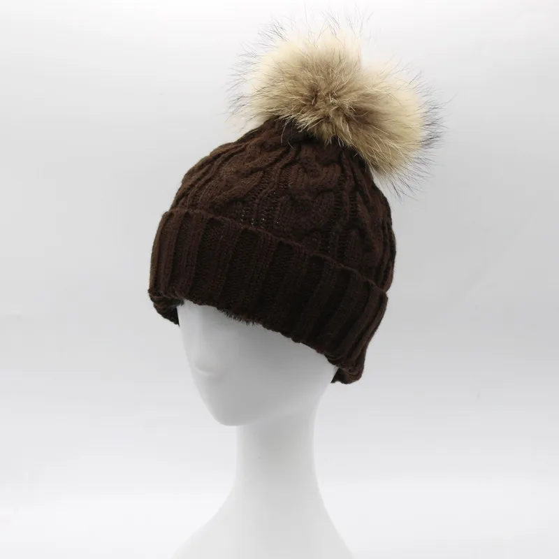 Зимняя брендовая Новая цветная зимняя шапка s, шерстяная вязаная шапка с мехом енота, помпоны для женщин и мужчин, хип-хоп шапка Skullies
