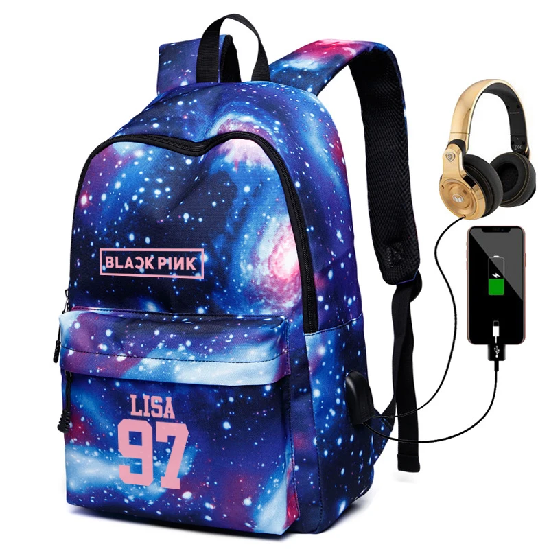 Модный рюкзак Mochila Blackpink Galaxy, школьная сумка для женщин и девочек, рюкзак для путешествий, студенческие сумки с usb-кабелем для зарядки