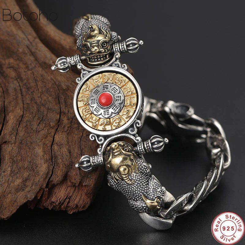 Браслет Будды 925 пробы серебряный мужской браслет Ваджра Зодиак мантра удача отважных солдат вращающийся браслет ювелирные изделия