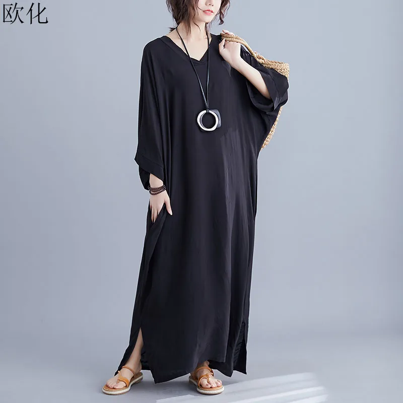 

Vintage Robe Femme Cotton Maxi Dresses Women Batwing Plus Size V-Neck Long Dress Loose Casual Large Summer Beach Sundress 2019