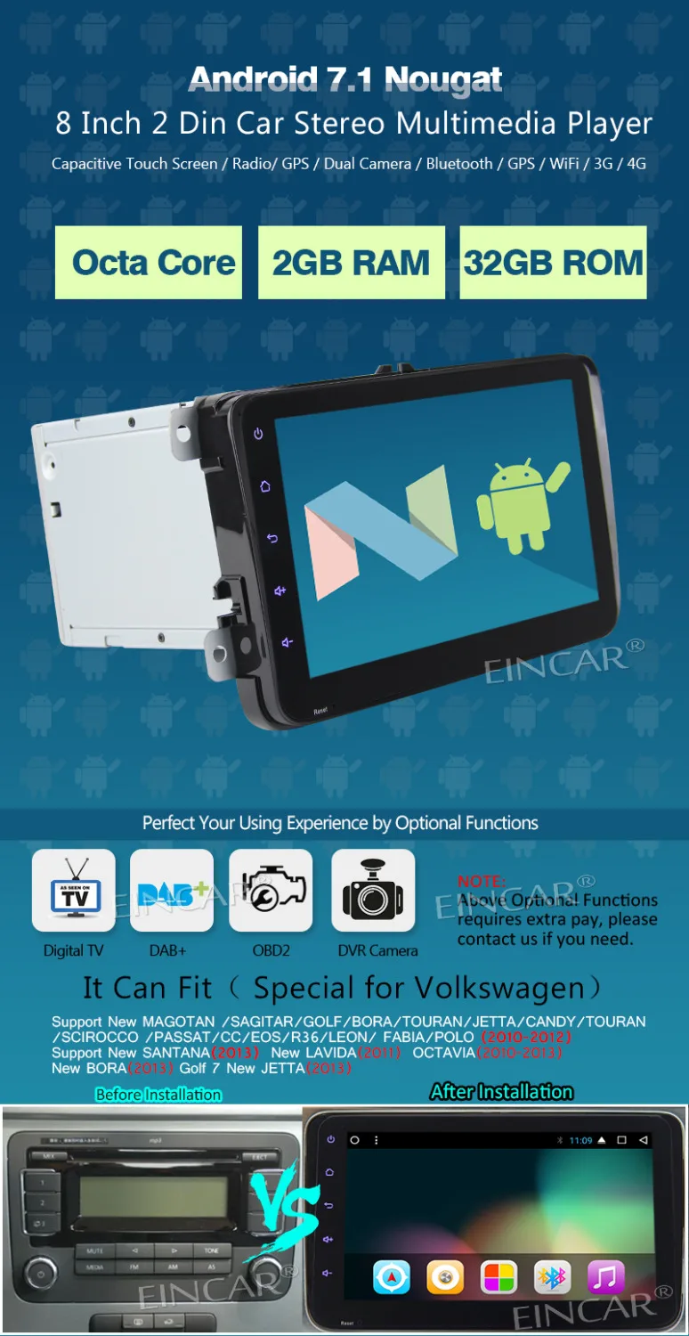 EinCar 8 ''Восьмиядерный Android 7 1 автомобильный стерео gps навигация AM/FM радио