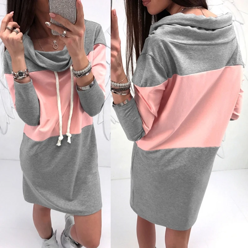 

Women Long Sleeve Turtleneck Pink And Grey Patchwork Loose Hoodie Pullover Dress
