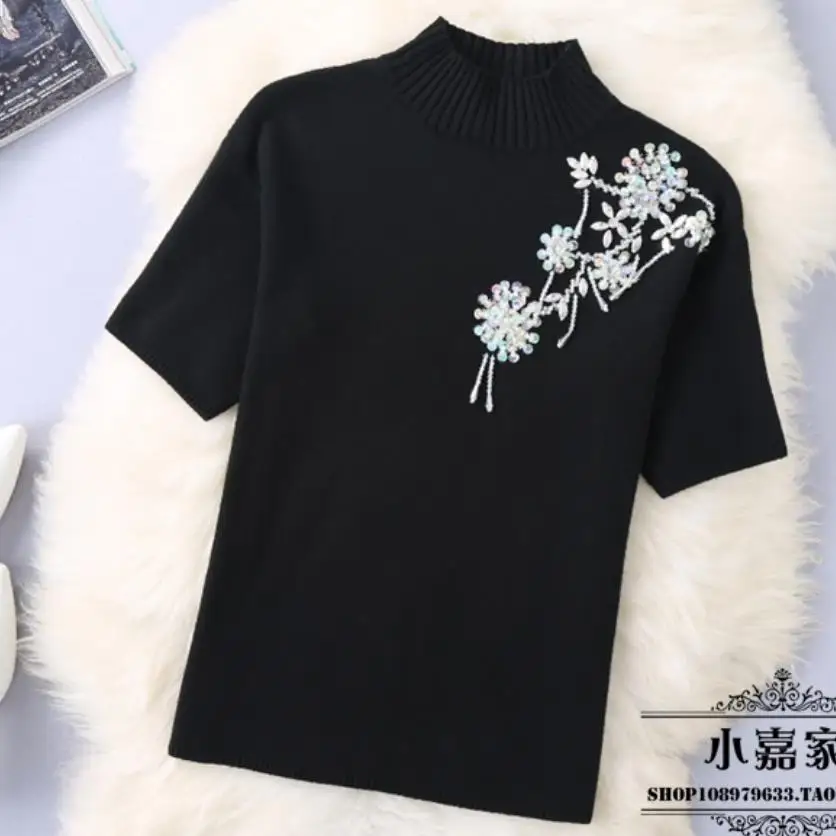

2019 new spring autumn women's short-sleeved turtleneck pullovers beaded diamond sequins knitted sweater