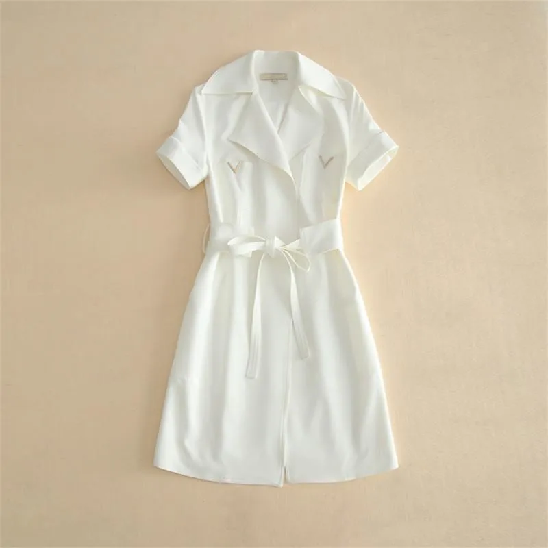 Для женщин платья Высокое качество Лето взлетно-посадочной полосы зубчатый короткий рукав белый элегантный Офисные женские туфли платье NPD0790