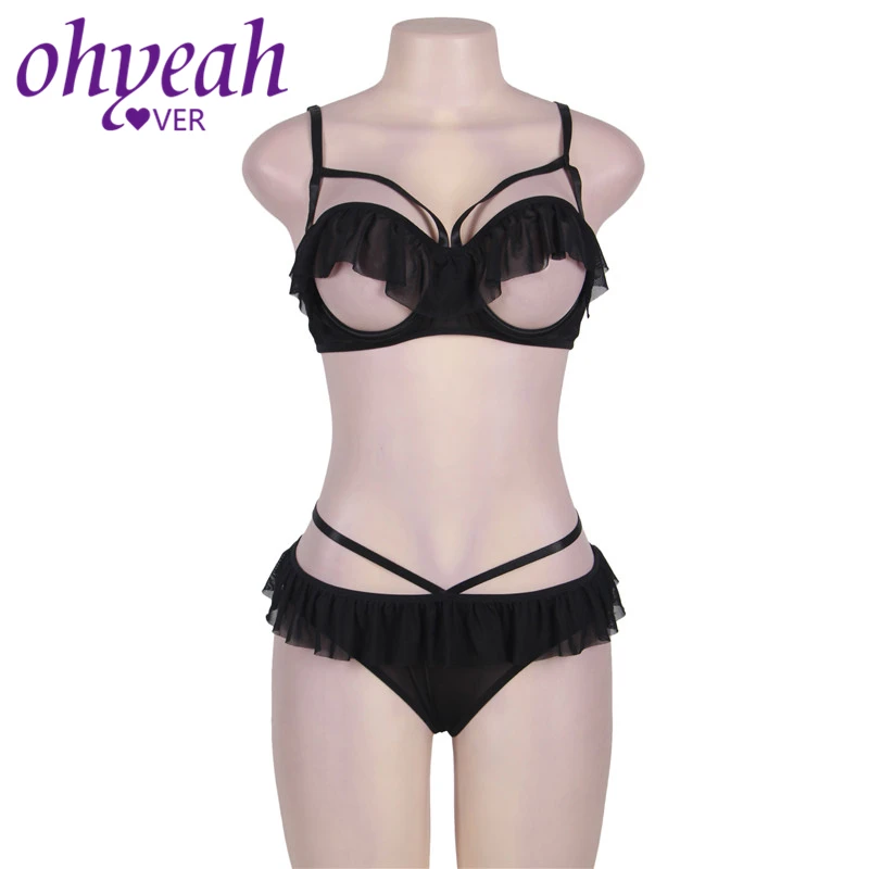 Женское нижнее белье Ohyeahlover черное с открытой промежностью и рюшами RM80405|bra and panty