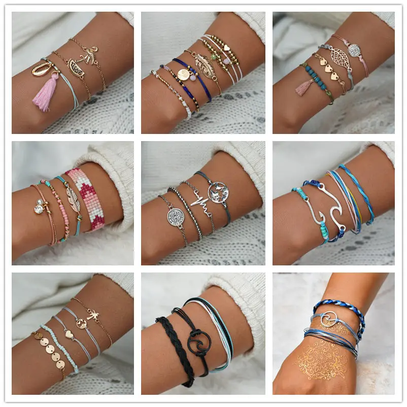 

MissCyCy Bohemian Map Heart Wave Charm Bracelets For Women Handmade Chain Beads Strand Bracelets Sets Jewelry Gifts 2018 New